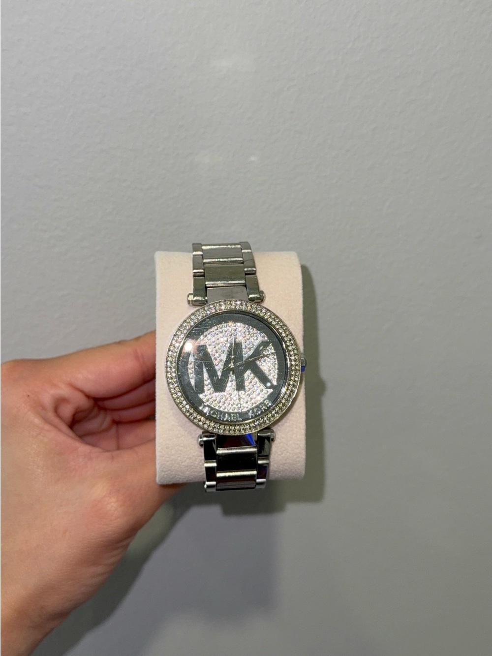 Michael Kors Silver Crystal MK Logo Ladies Bracelet Watch. Just need batteries